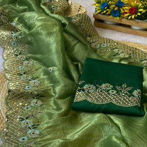Green Saree in Tissue Fabric with Feminine Floral Embroidery