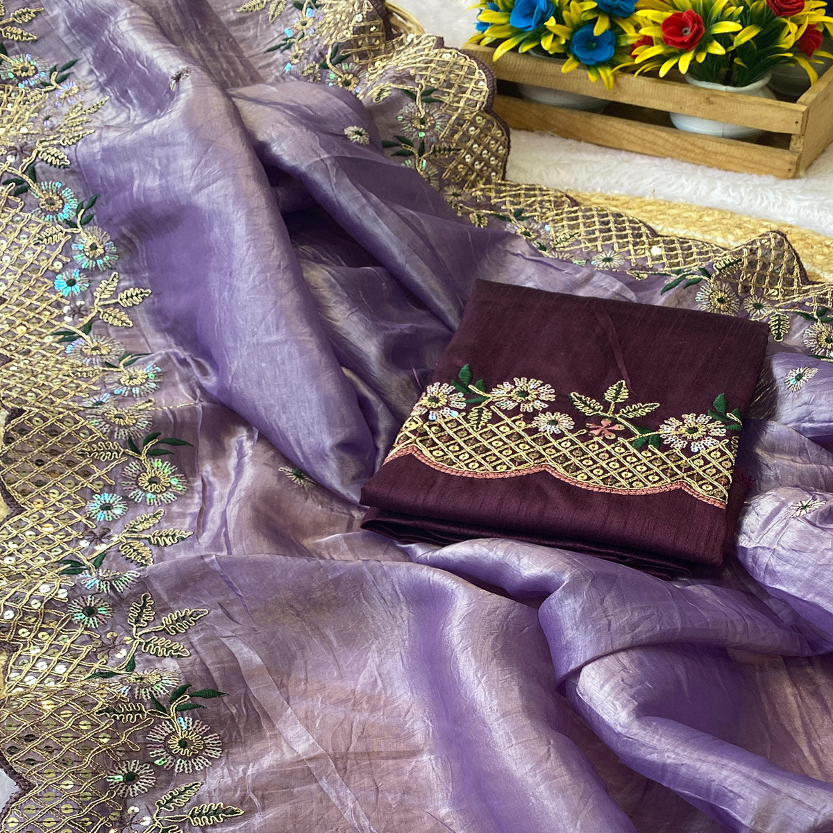 Lavender Saree in Tissue Fabric with Feminine Floral Embroidery