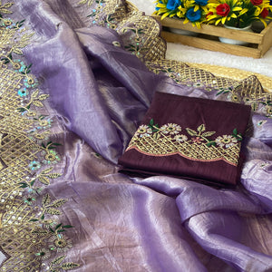 Lavender Saree in Tissue Fabric with Feminine Floral Embroidery