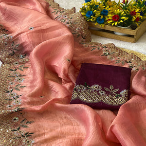 Peach Saree in Tissue Fabric with Feminine Floral Embroidery