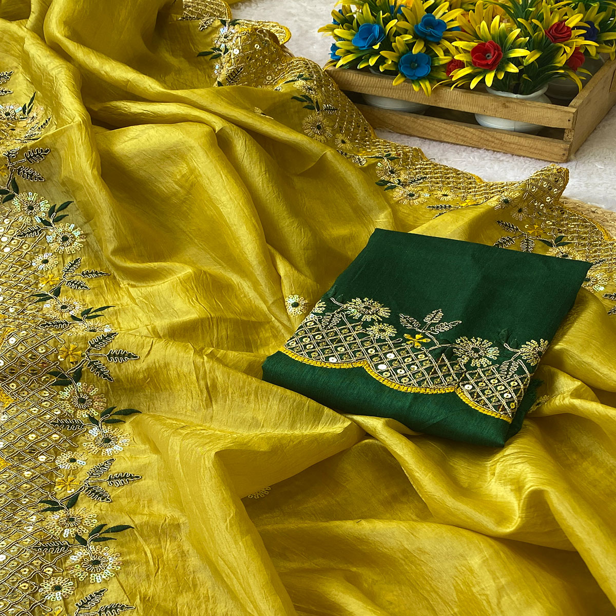 Yellow Saree in Tissue Fabric with Feminine Floral Embroidery
