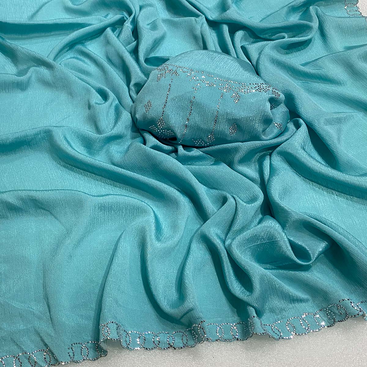 Blue Embellished Silk Blend Saree Featuring Fine Swarovski Stone Detailing