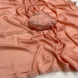 Peach Embellished Silk Blend Saree Featuring Fine Swarovski Stone Detailing