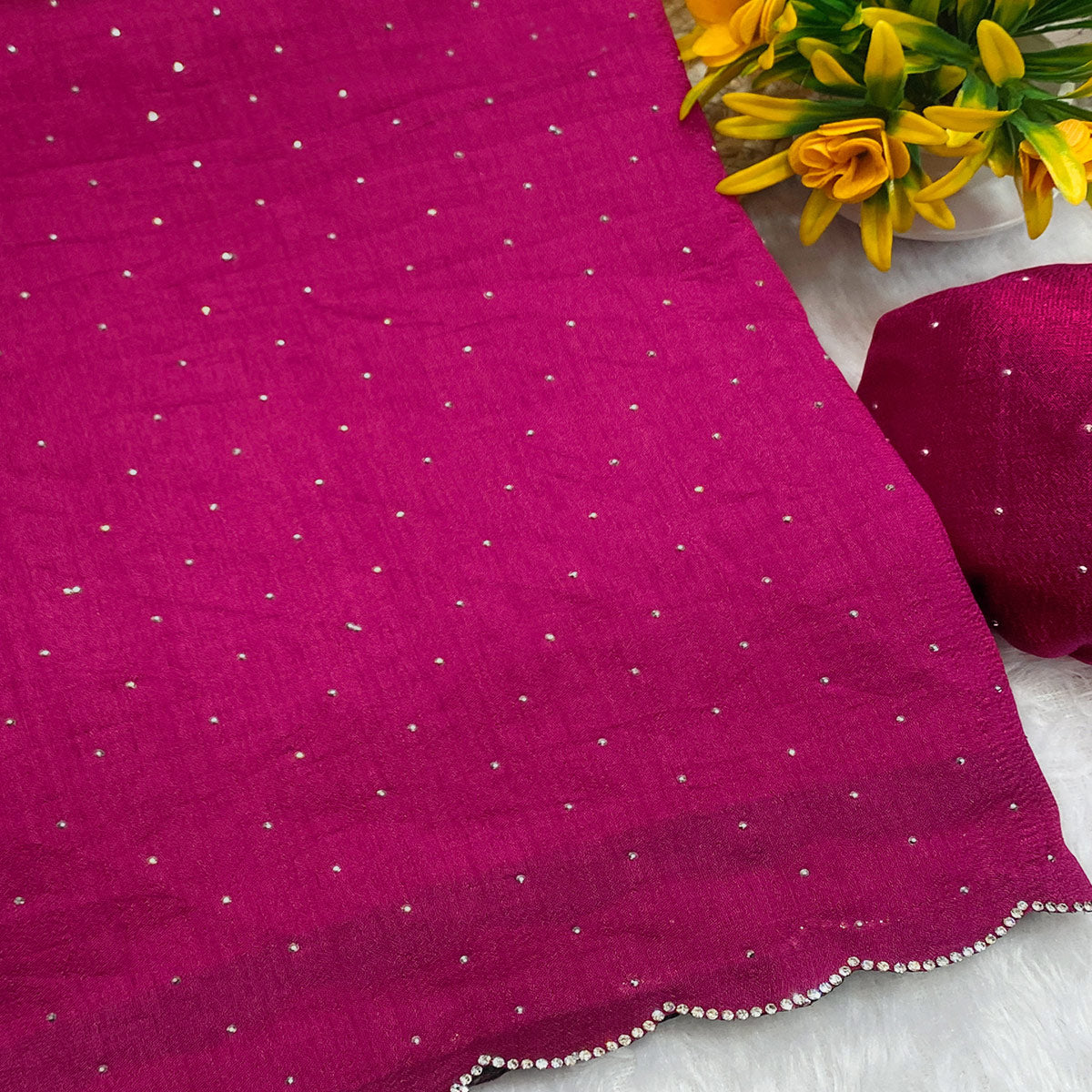 Pink Vichitra Silk Saree Accented with Stone Embellishments
