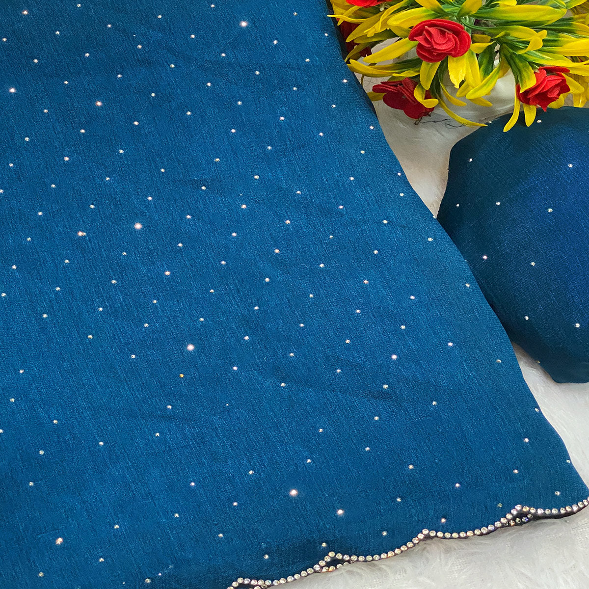 Teal Vichitra Silk Saree Accented with Stone Embellishments