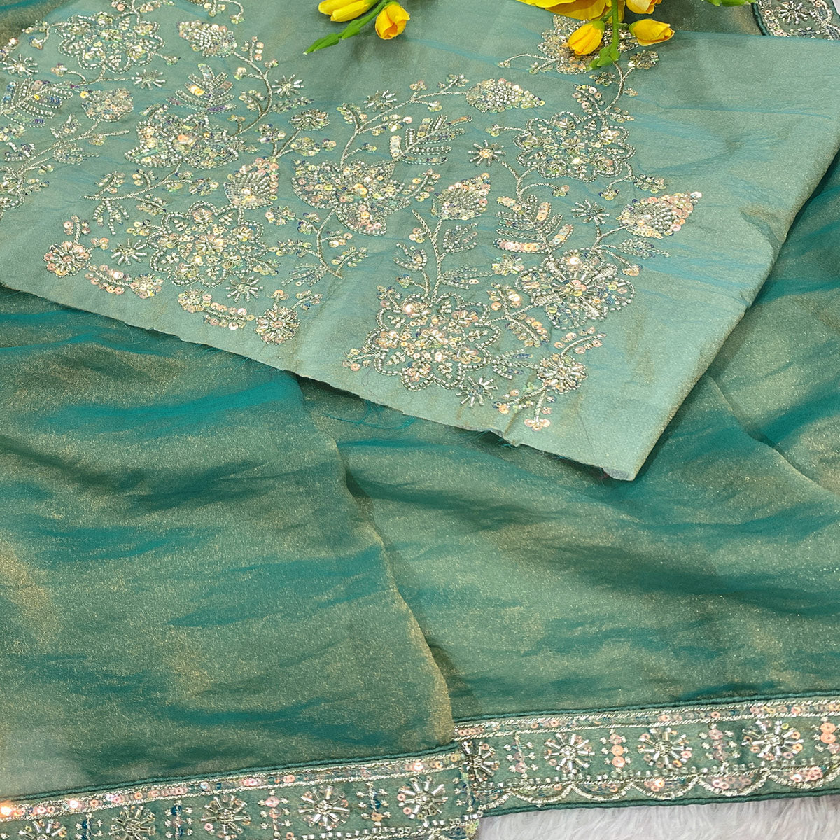 Designer Sea Green Satin Saree Featuring Stone & Embroidery Work