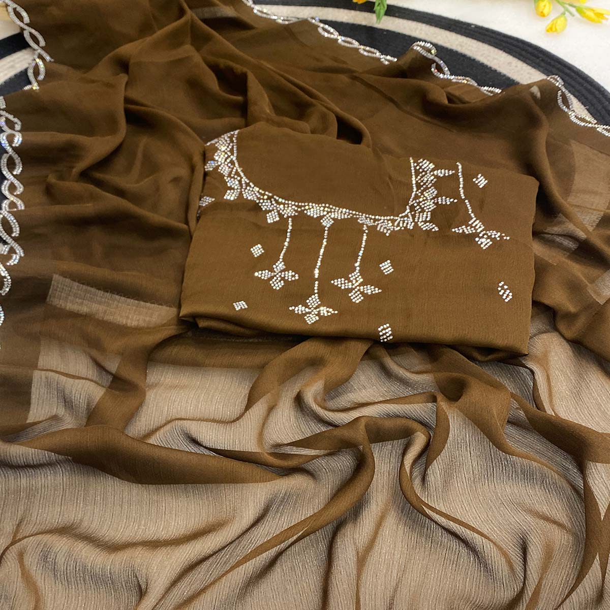 Olive Brown Embellished Chiffon Saree with Sparkling Swarovski Details
