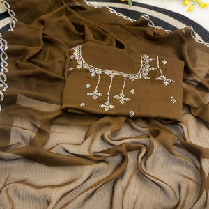 Olive Brown Embellished Chiffon Saree with Sparkling Swarovski Details