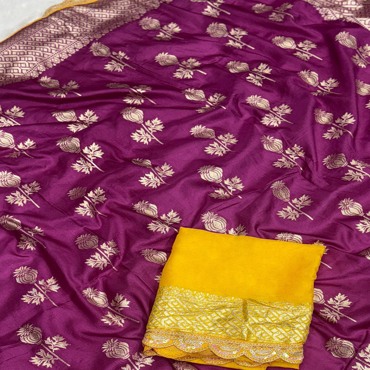 Regal Dola Silk Saree in Deep Purple Featuring Floral Weaves
