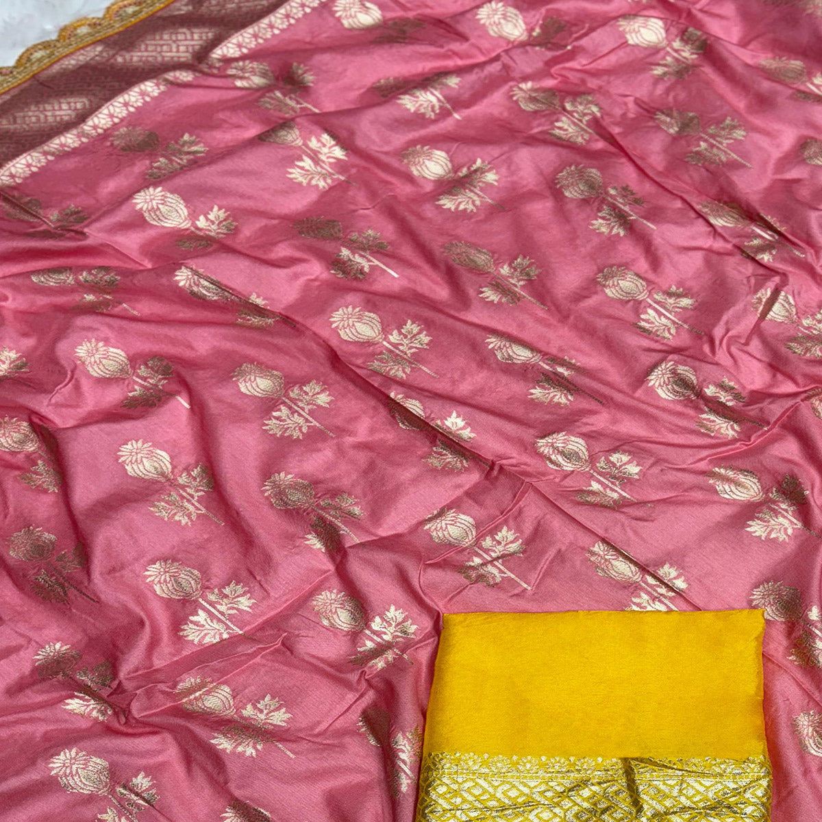 Regal Dola Silk Saree in Pink Featuring Floral Weaves