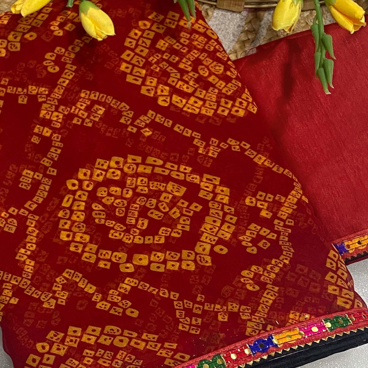 Red Bandhej Printed Georgette Saree with Flowy Drape