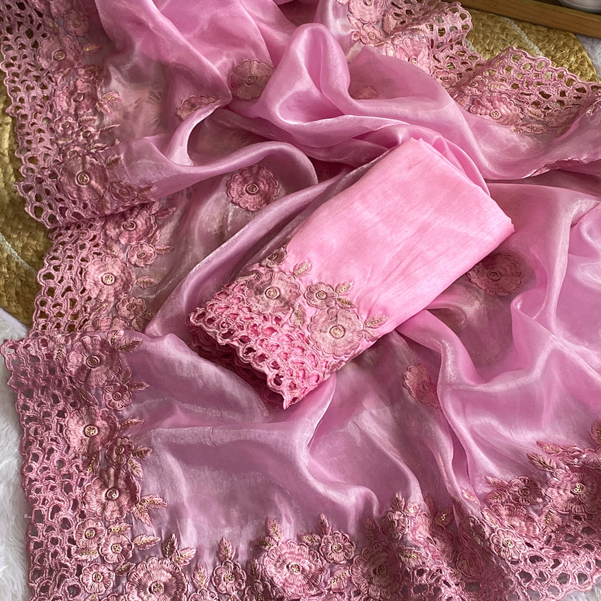 Pink Grace In Satin Jimmy Choo Fabric With Intricate Floral Thread Embroidery