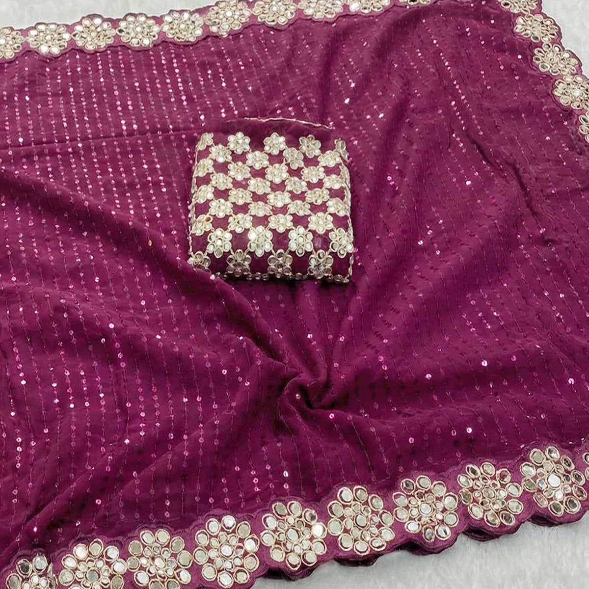 Stunning Wine Georgette Party Wear Saree Adorned with Heavy Sequins Embellishment