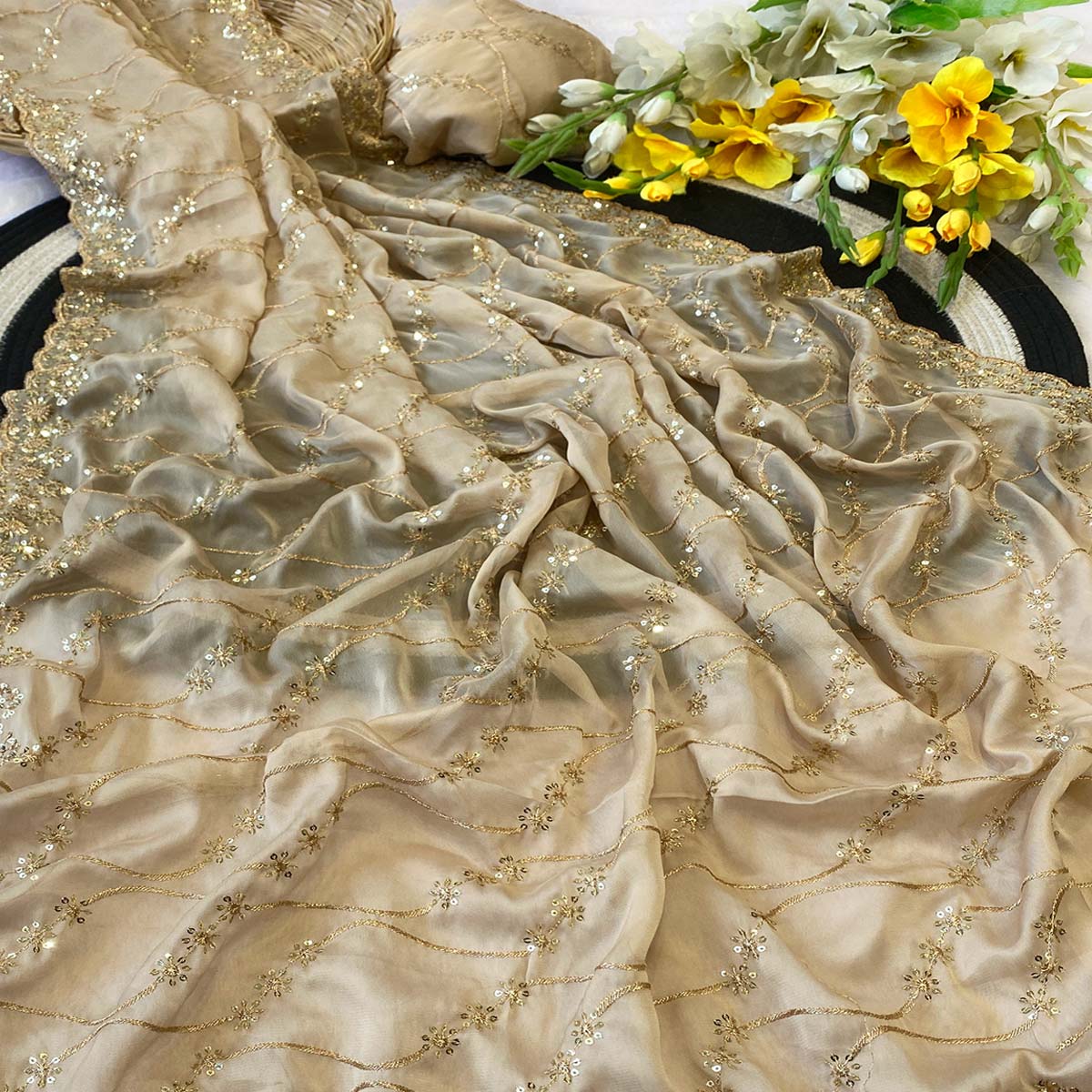 Chikoo Silk Blend Saree with Intricate Thread Embroidery