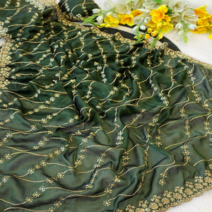 Green Silk Blend Saree with Intricate Thread Embroidery