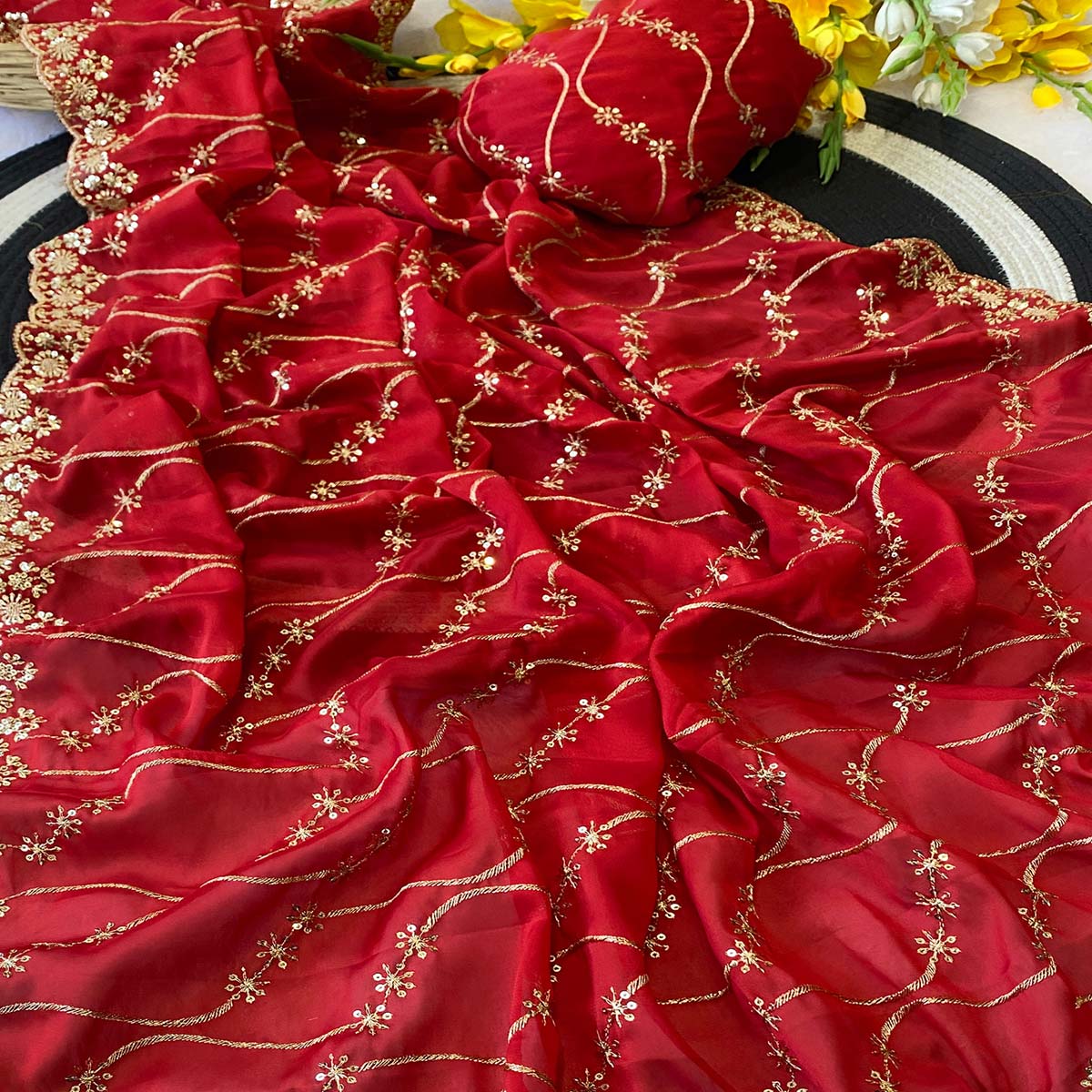 Red Silk Blend Saree with Intricate Thread Embroidery