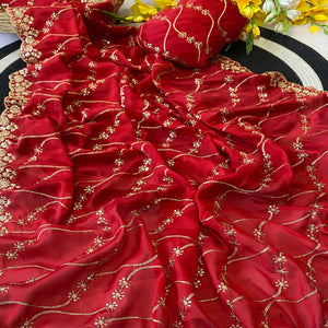 Red Silk Blend Saree with Intricate Thread Embroidery