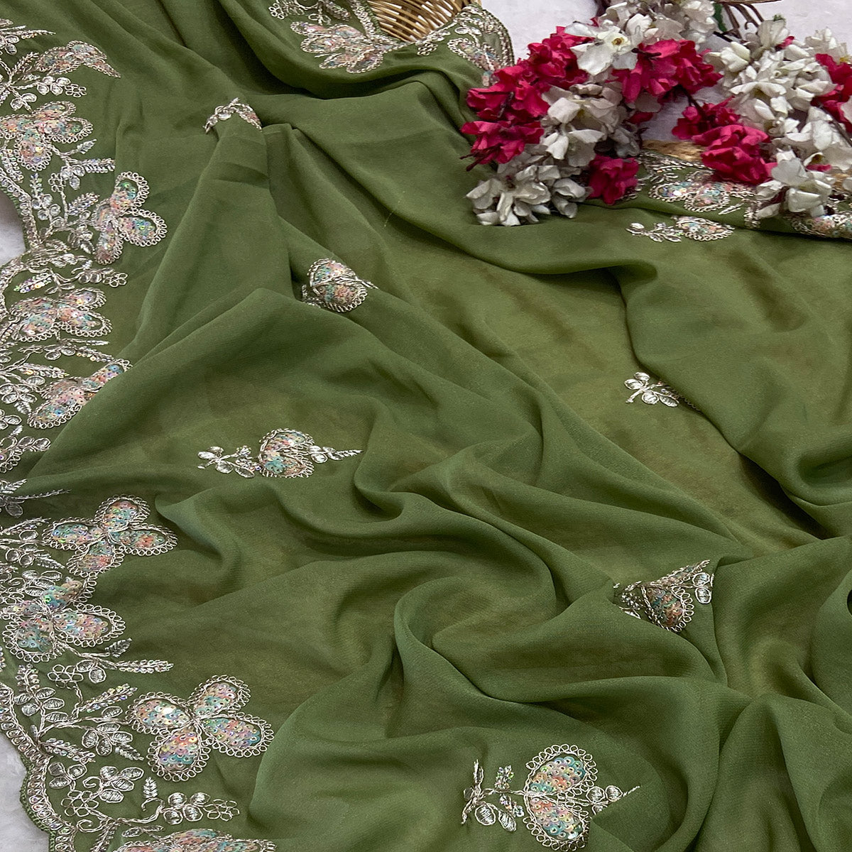 Heavy Thread Embroidered Green Georgette Saree for Party Wears