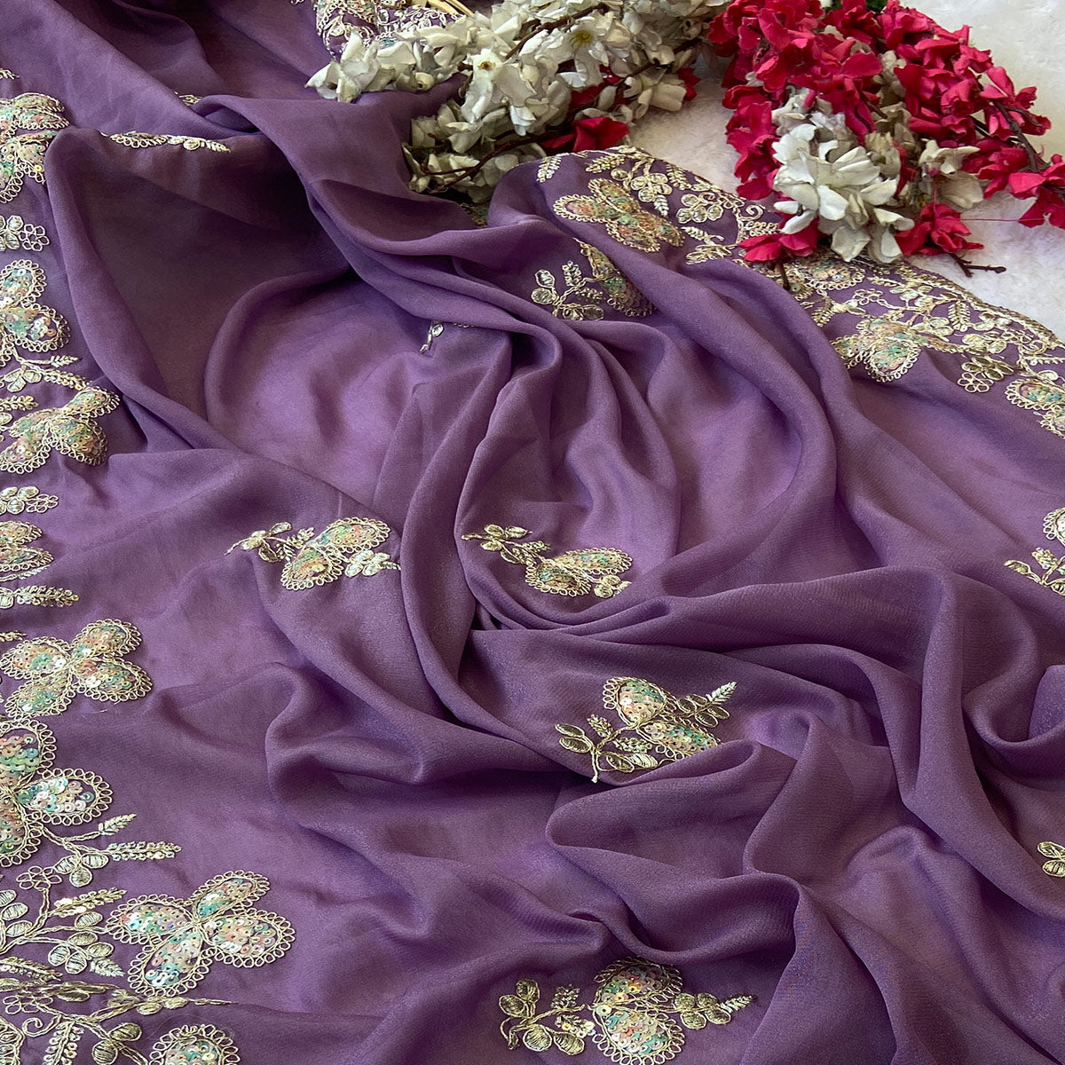 Heavy Thread Embroidered Lavender Georgette Saree for Party Wears