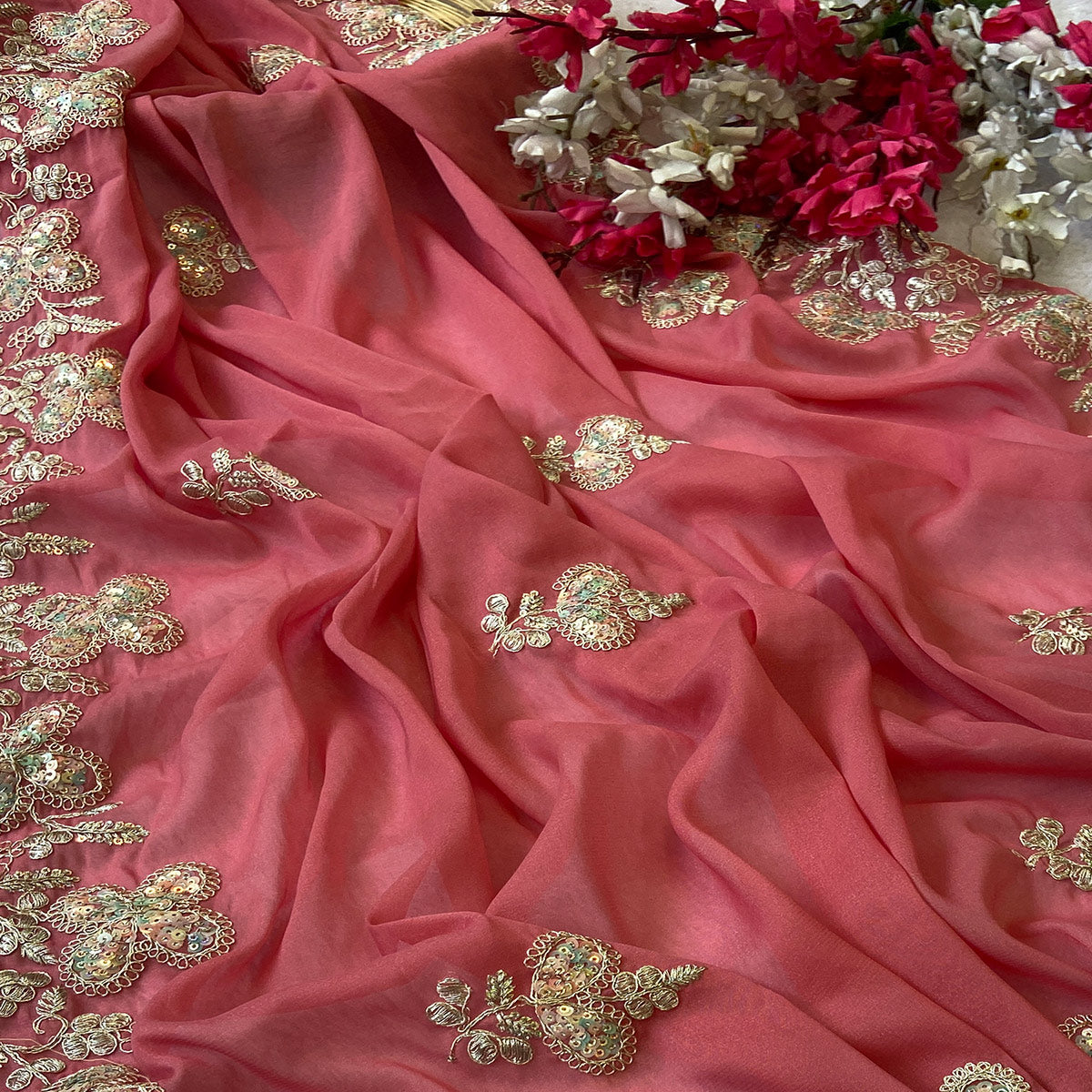 Heavy Thread Embroidered Pink Georgette Saree for Party Wears