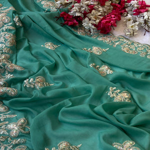 Heavy Thread Embroidered Sea Green Georgette Saree for Party Wears