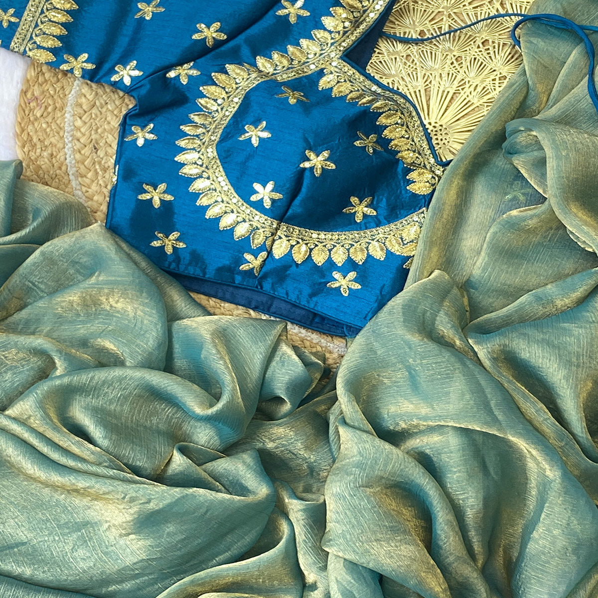 Shimmering Satin Saree with Two-Tone Sea Green Hues