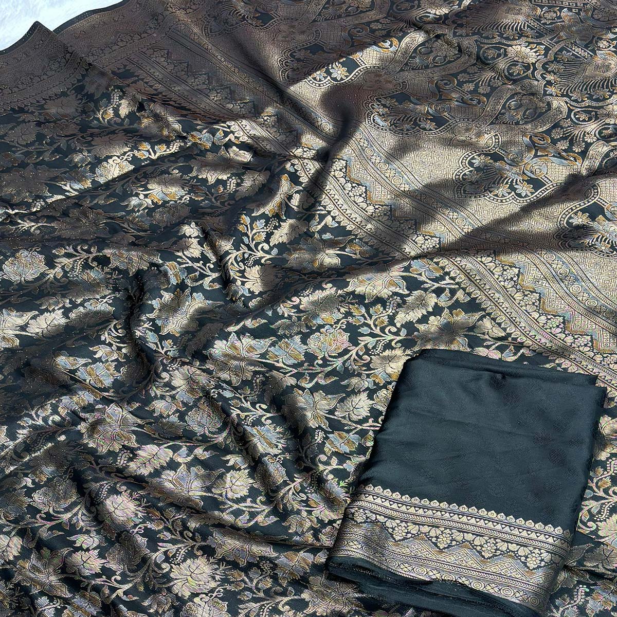 Black Floral Woven Saree in Premium Pure Silk