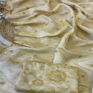 Lightweight Tissue Saree in Cream with Elegant Thread Embroidery