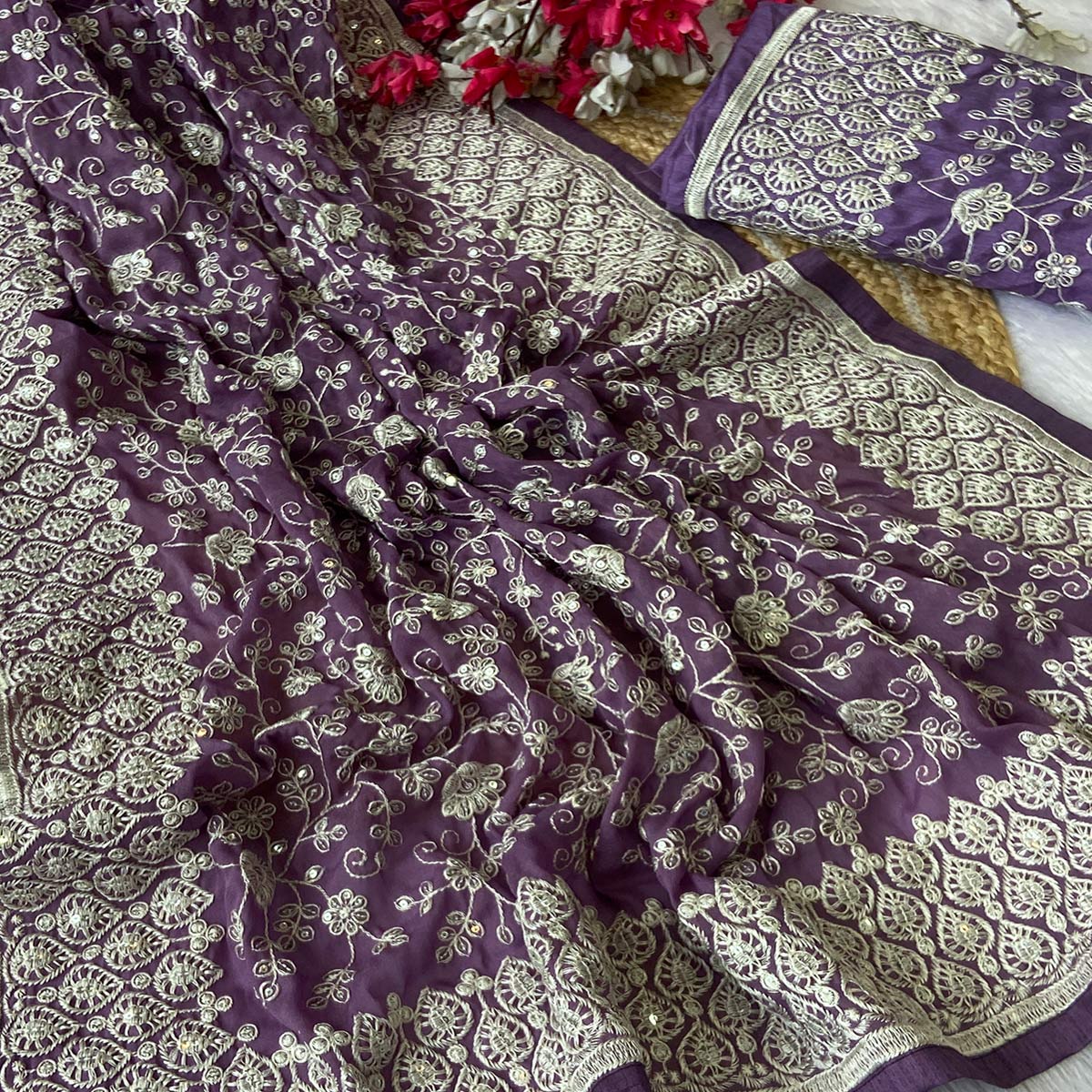 Lavender Georgette Saree With Sparkling Sequins & Delicate Floral Embroidery