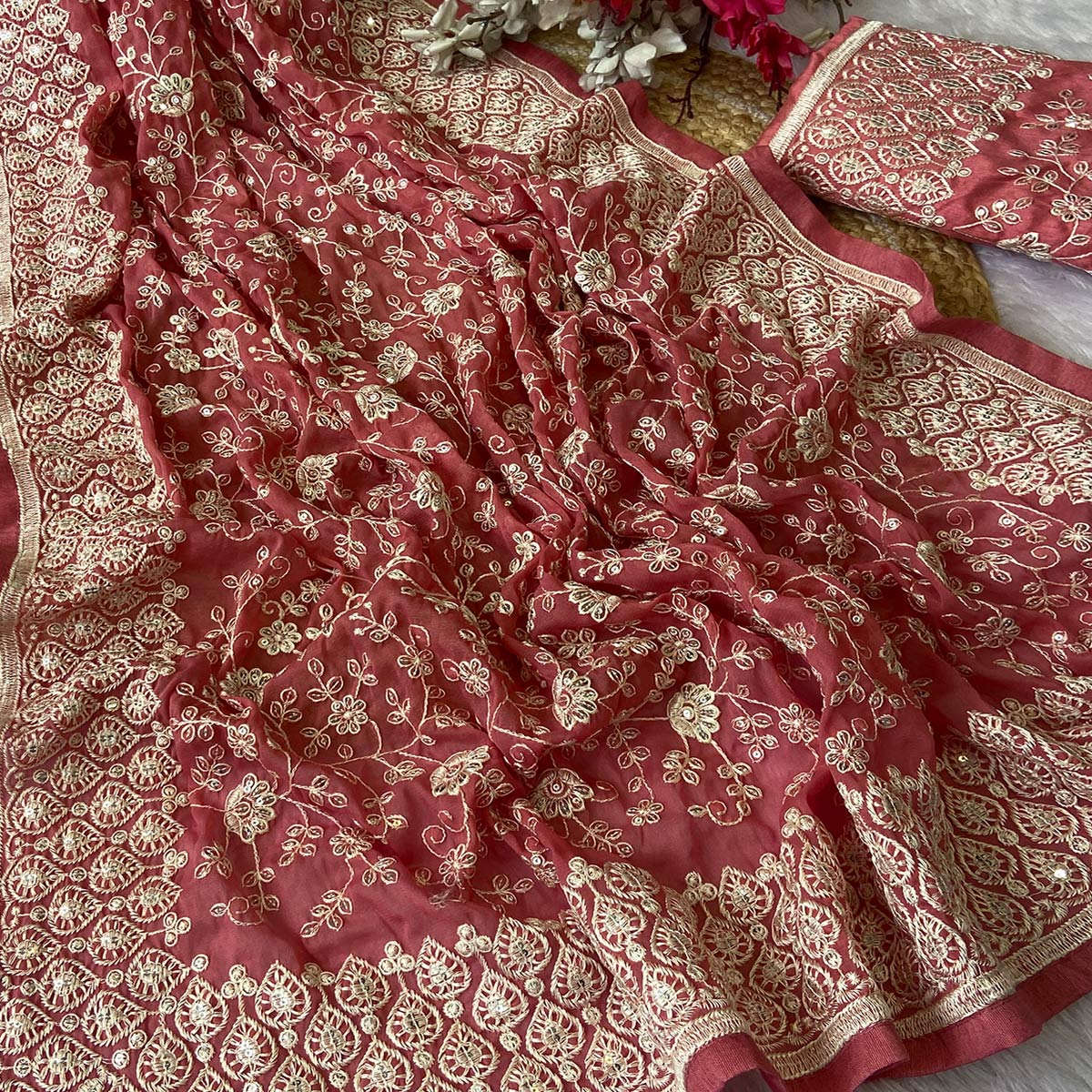 Rusty Red Georgette Saree With Sparkling Sequins & Delicate Floral Embroidery