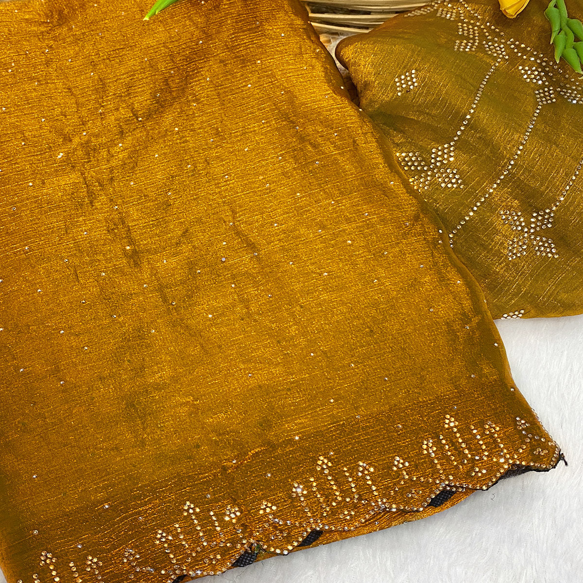 Olive Chiffon Saree Adorned with Sparkling Stone Work