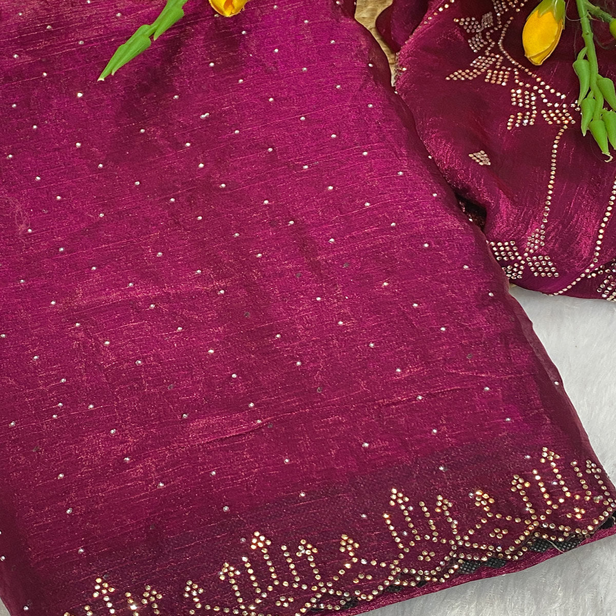 Wine Chiffon Saree Adorned with Sparkling Stone Work