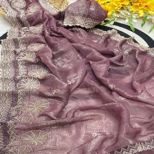 Purple Thread Work Chiffon Silk Saree Premium Crunchy Texture Festive Wear
