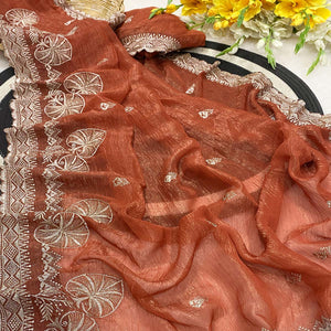 Rust Thread Work Chiffon Silk Saree Premium Crunchy Texture Festive Wear