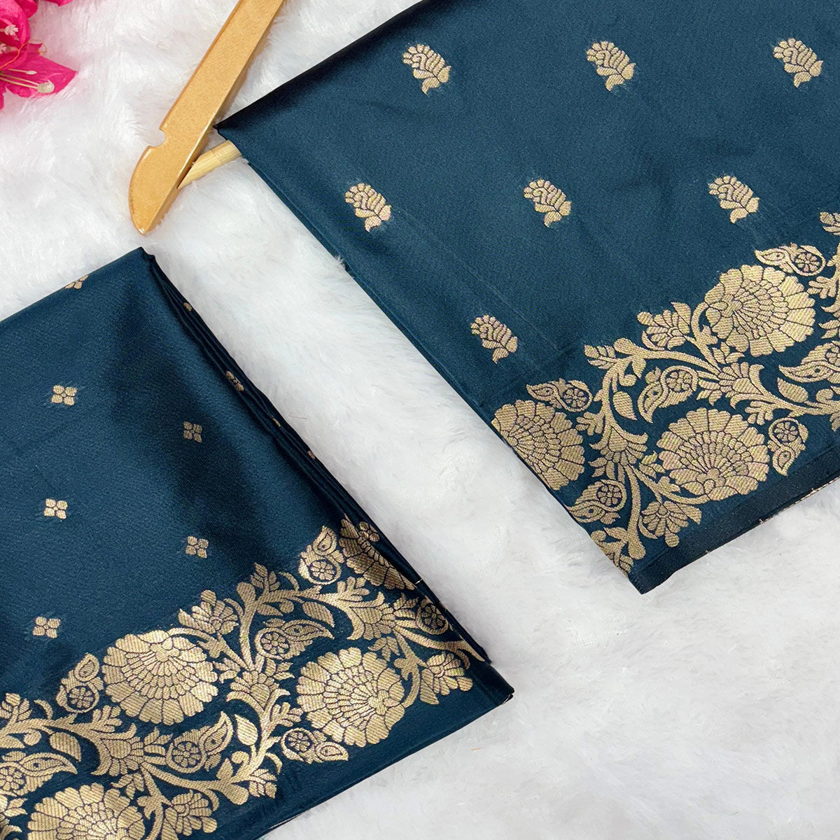Dark Teal Banarasi Silk Saree with Traditional Weaving
