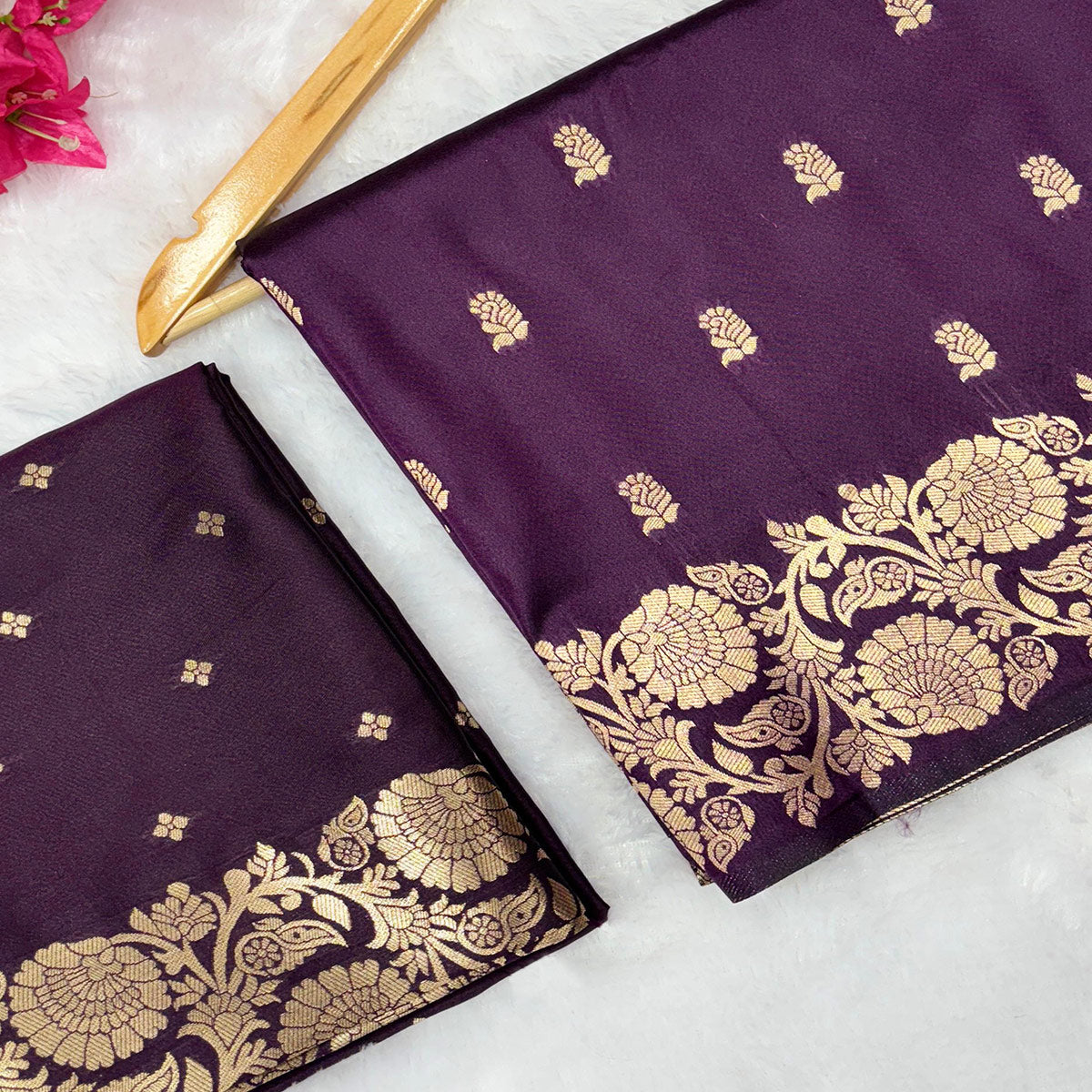 Wine Banarasi Silk Saree with Traditional Weaving