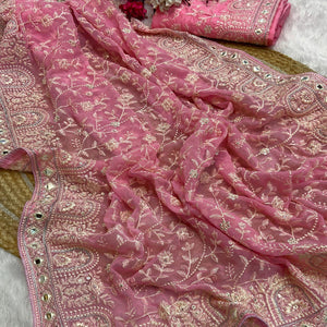 Baby Pink Floral Embroidered Georgette Saree With Sequin Highlights