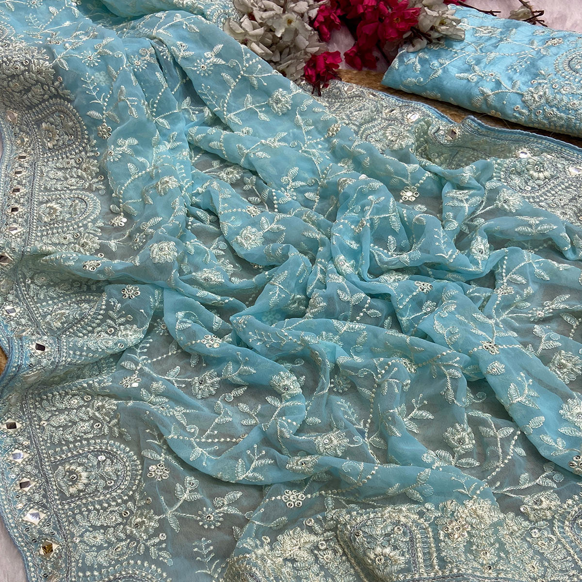 Blue Floral Embroidered Georgette Saree With Sequin Highlights