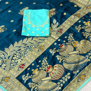 Blue Dola Silk Saree With Intricate Floral Zari Weaving Elegance