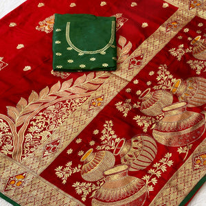 Red Dola Silk Saree With Intricate Floral Zari Weaving Elegance