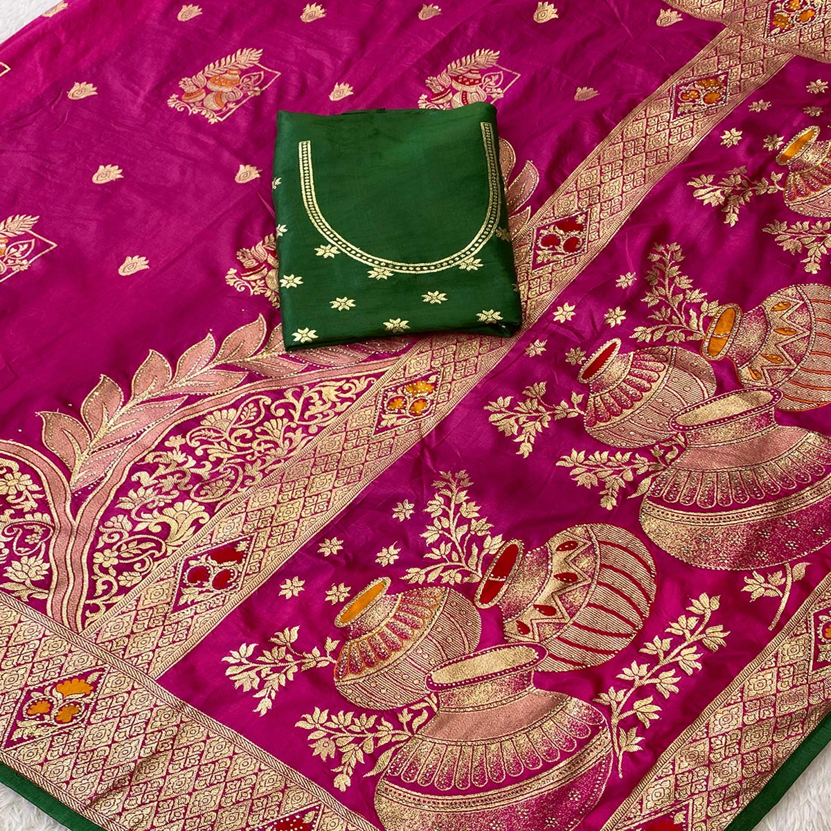 Rani Pink Dola Silk Saree With Intricate Floral Zari Weaving Elegance