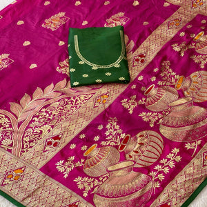 Rani Pink Dola Silk Saree With Intricate Floral Zari Weaving Elegance