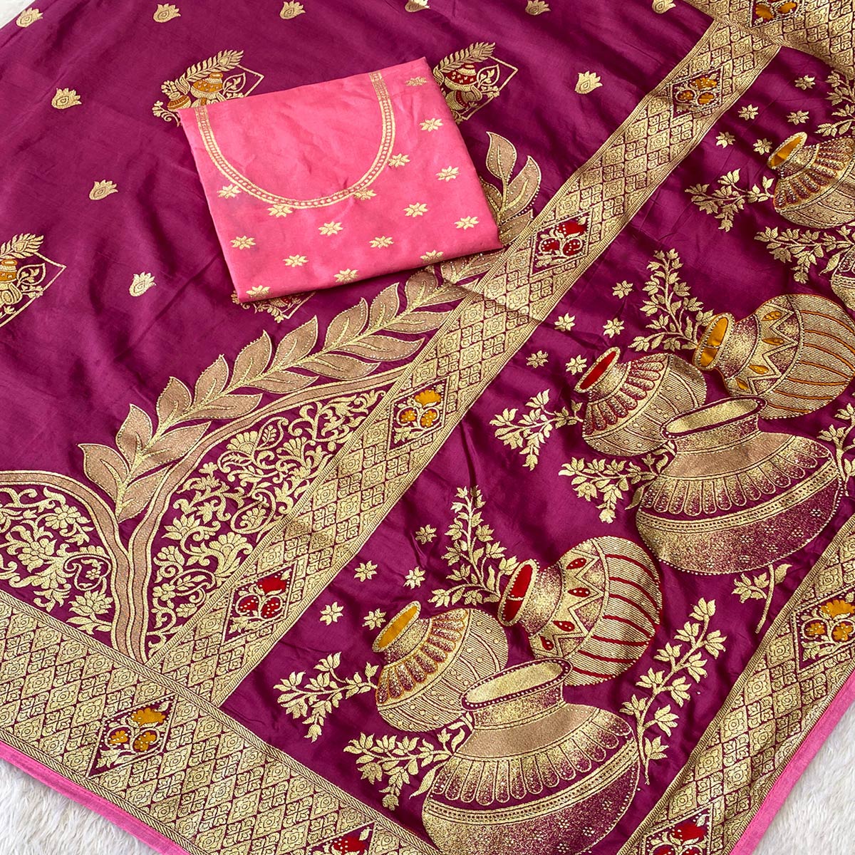 Wine Dola Silk Saree With Intricate Floral Zari Weaving Elegance