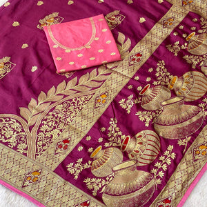 Wine Dola Silk Saree With Intricate Floral Zari Weaving Elegance