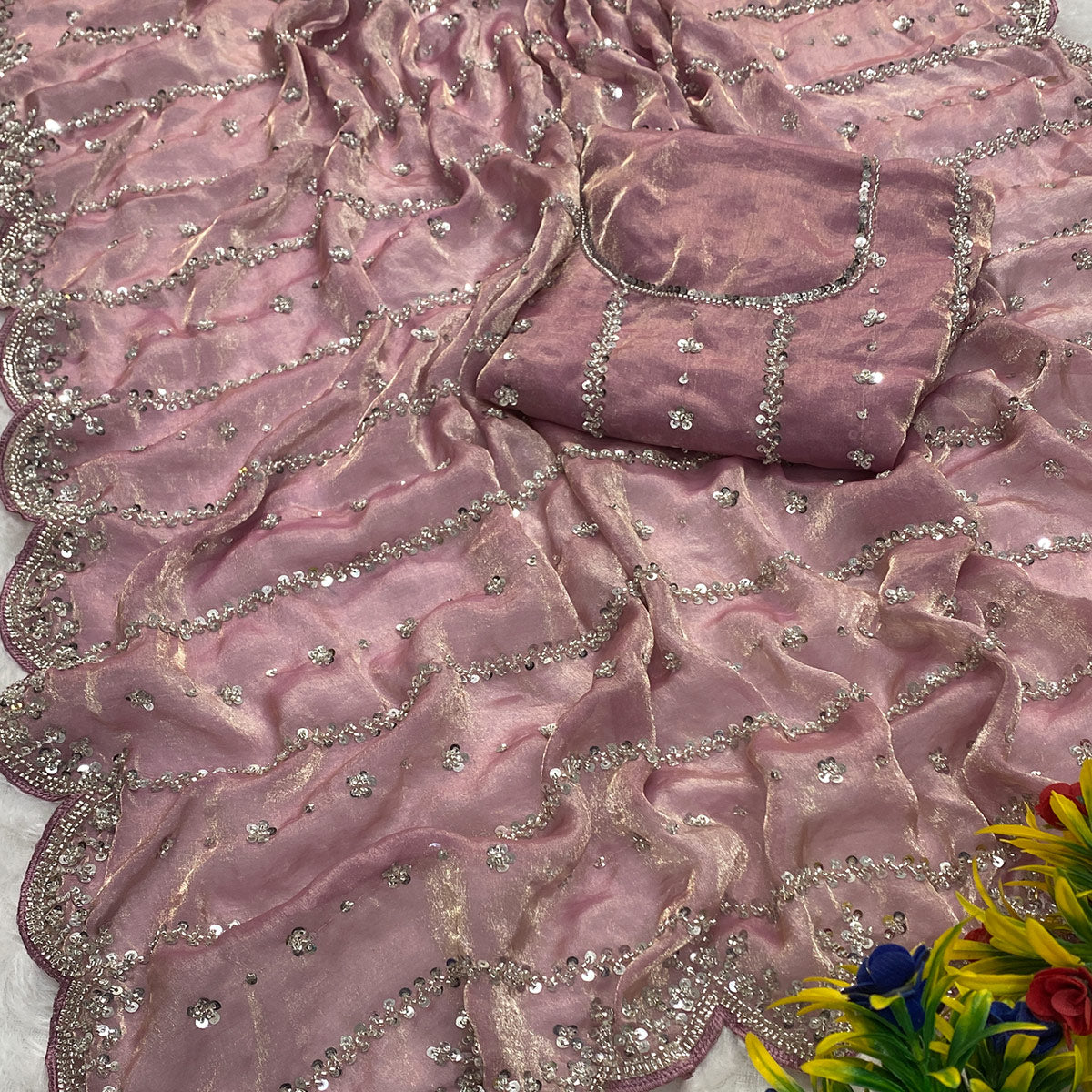 Dusty Pink Designer Satin Partywear Saree Enhanced with Sparkling Sequins Work