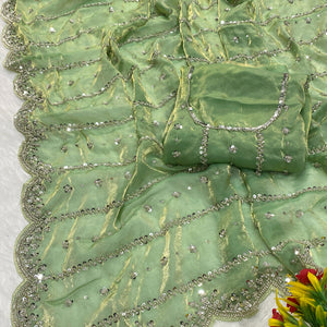 Green Designer Satin Partywear Saree Enhanced with Sparkling Sequins Work