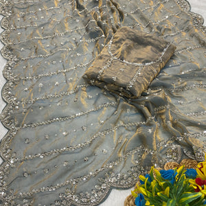 Grey Designer Satin Partywear Saree Enhanced with Sparkling Sequins Work