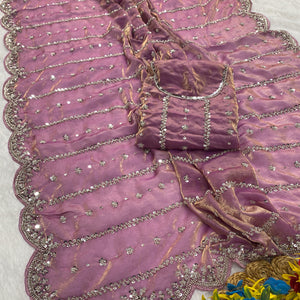 Mauve Designer Satin Partywear Saree Enhanced with Sparkling Sequins Work