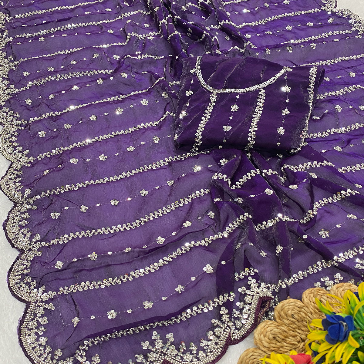 Purple Designer Satin Partywear Saree Enhanced with Sparkling Sequins Work