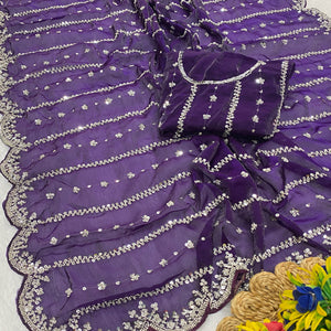 Purple Designer Satin Partywear Saree Enhanced with Sparkling Sequins Work